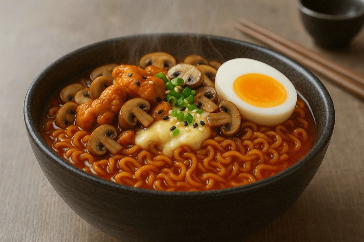 Готовая корейская лапша Бульдак с курицей, грибами сыром и яйцом