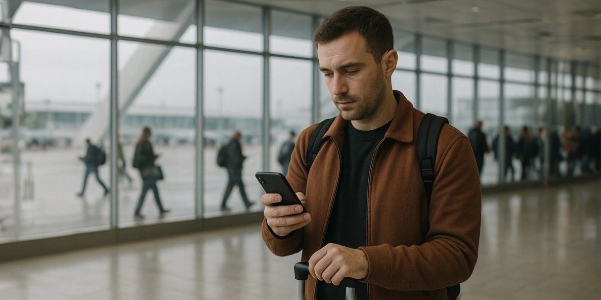 Мужчина в аэропорту пытается зайти в интернет