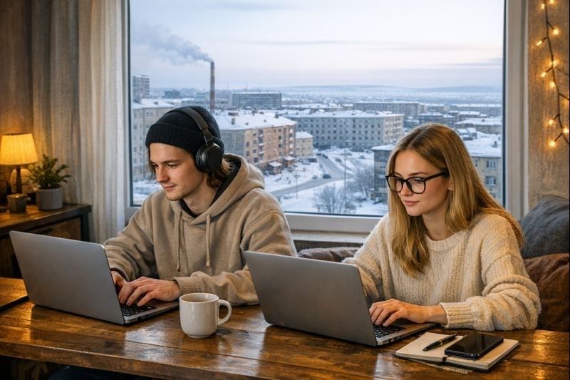Молодая пара работает на удаленке