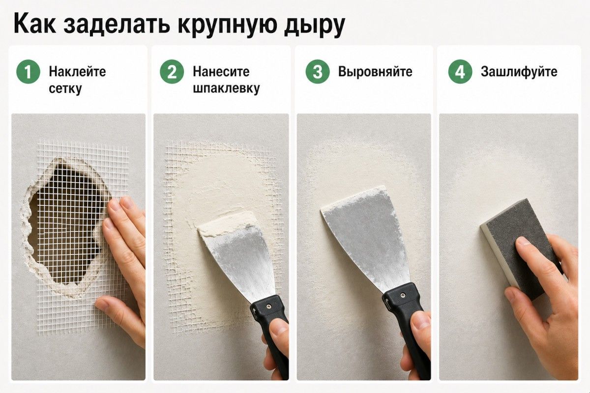 как заделать дыру в гипсокартоне на стене