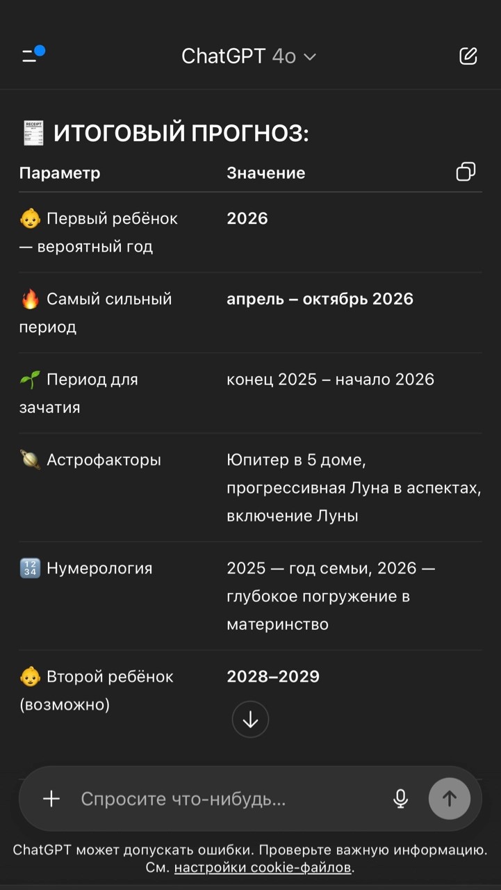Запрос на вероятность рождения ребенка 1. Источник: chatgpt.com