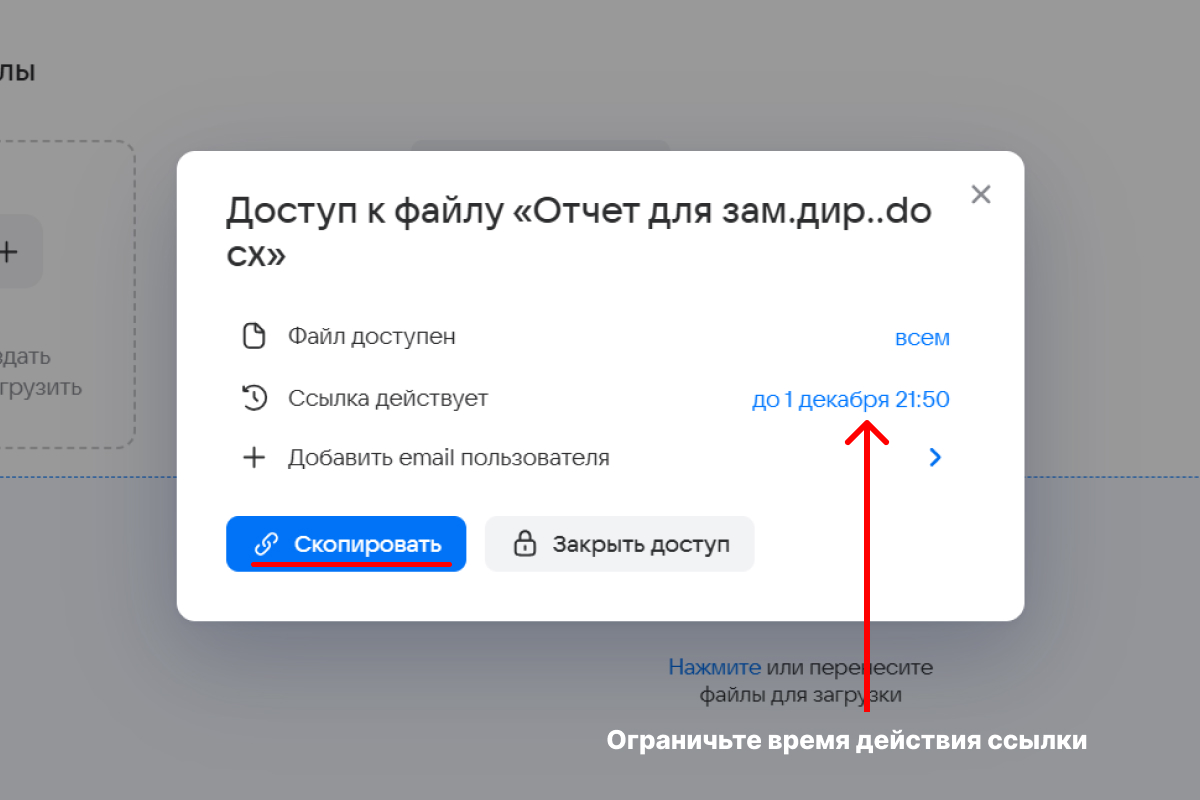 Главная фишка — время действия ссылки. Если нужно, оставьте ее активной на час. Источник: cloud.mail.ru 