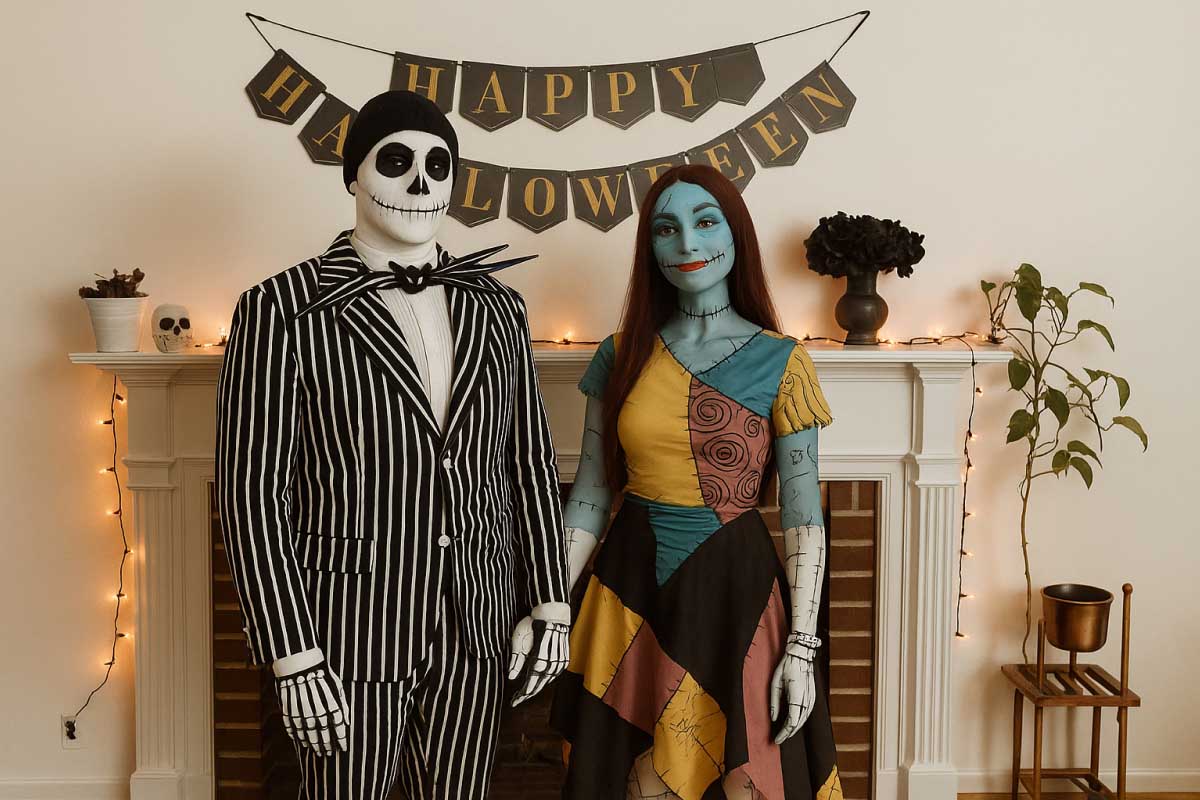 Персонажи Тима Бертона — классика для хеллоуинских костюмов. Например, Джек и Салли из мультфильма «Кошмар перед Рождеством». Источник: нейросеть