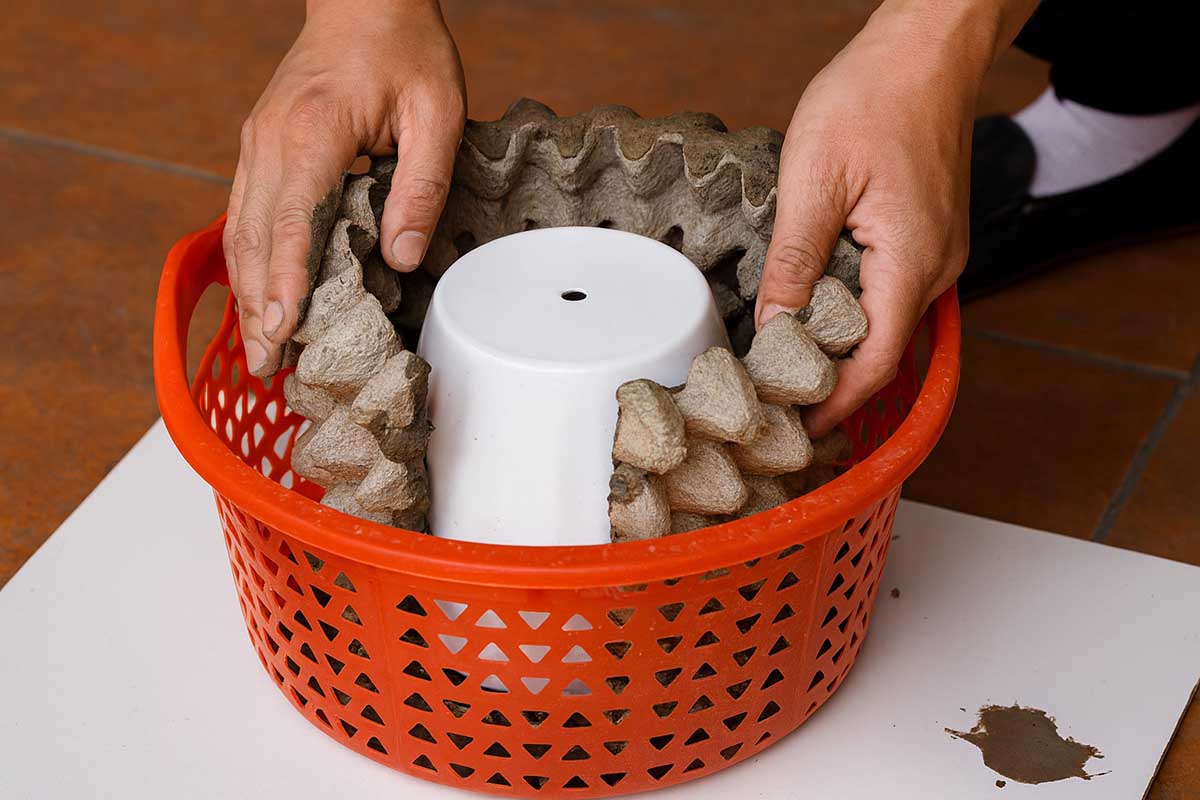 Фото 1 — устанавливаем заготовку из лотков вдоль бортов внешней формы. Фото 2 — заливаем раствор между лотками для яиц и центральной формой. Источник: нейросеть