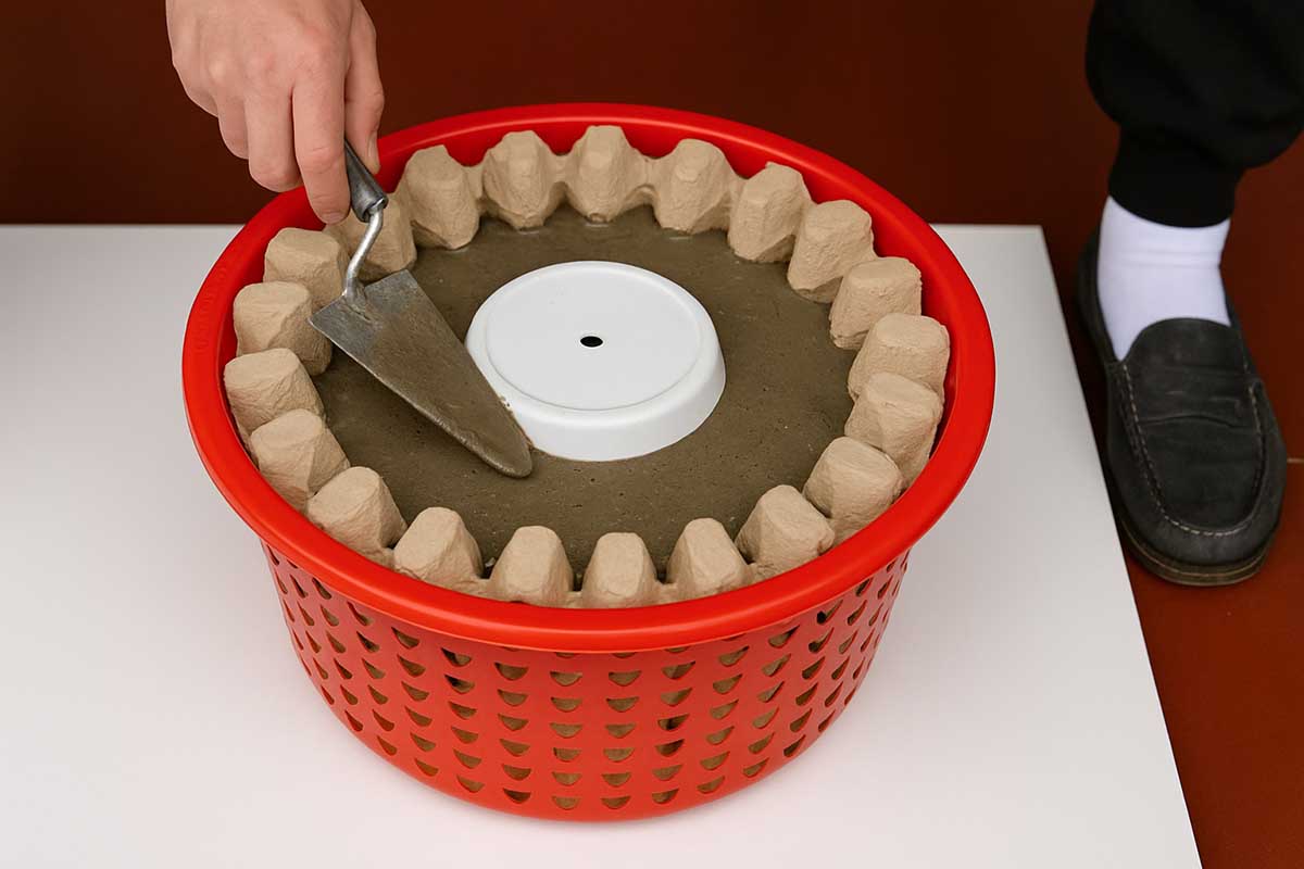 Фото 1 — устанавливаем заготовку из лотков вдоль бортов внешней формы. Фото 2 — заливаем раствор между лотками для яиц и центральной формой. Источник: нейросеть