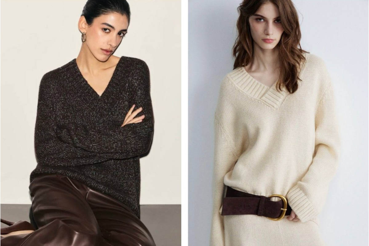 V-образная горловина делает образ женственным. Слева — бренд Zarina, справа — Lime. Источник: zarina.ru, limestore.com 