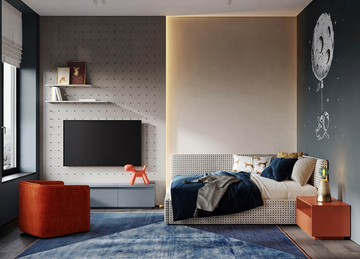 Акцентную стену можно оформить рисунком по теме, которая близка ребенку. Пусть эскиз создаст сам подросток. Источник: Alexuans / Shutterstock / FOTODOM