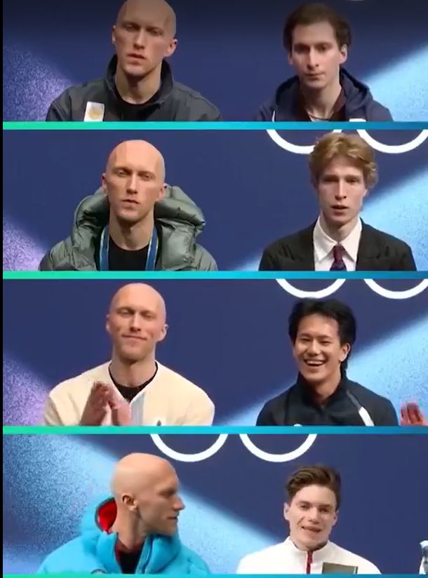 Фото и видео Ришо, меняющего куртки, стали материалом для коллажей. Источник: кадры зимней Олимпиады-2026