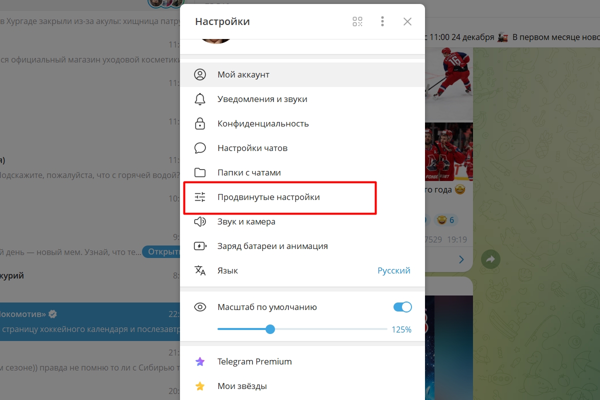 Чтобы почистить историю, перейдите в «Продвинутые настройки». Источник: Telegram для Windows