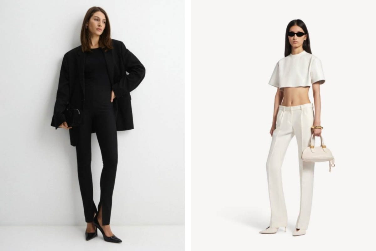 В интернете можно заказать лаконичные узкие брюки на каждый день. Источник: lamoda.ru, balenciaga.com