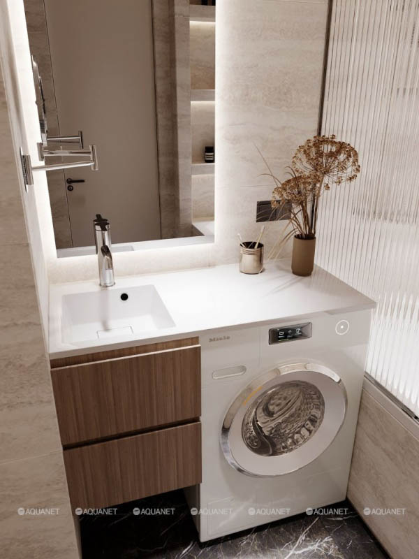 Чаша с крылом позволяет вписать в небольшое пространство и стиралку, и систему хранения. Источник: aquanet.ru