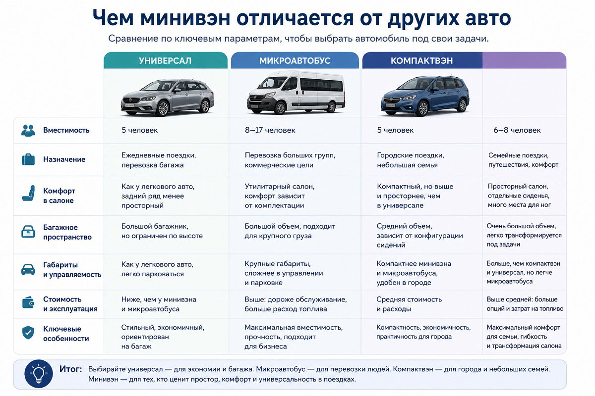 Отличия минивэна от седана, кроссовера, универсала, микроавтобуса и компактвэна. Источник: нейросеть
