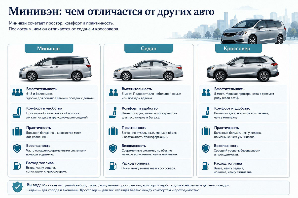 Отличия минивэна от седана, кроссовера, универсала, микроавтобуса и компактвэна. Источник: нейросеть