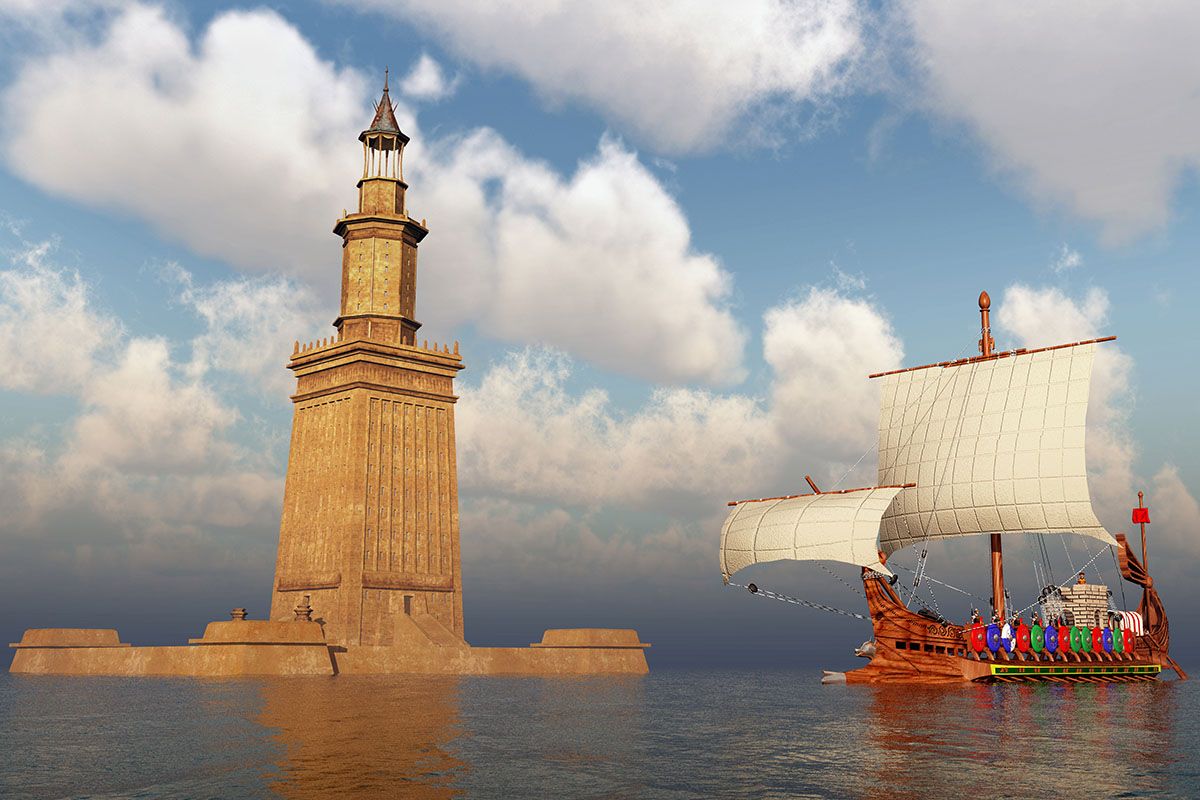 Путь кораблям к александрии показывал. Александрия корабль. Римский корабль башней. Диоскуры корабль. Маяк с военным кораблем.